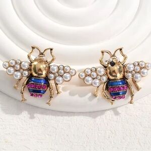 Gold Pearl Bee Earrings – Colorful Rhinestone Insect Statement Jewelry